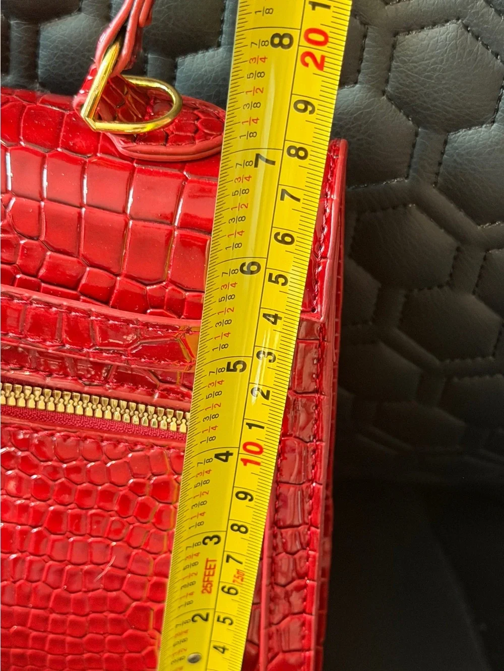 Red Croc-Embossed Top-Handle Bag with Gold Hardware